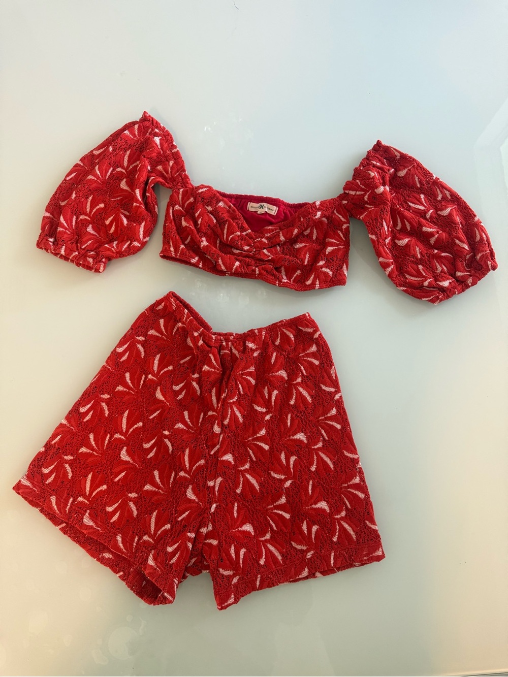 Nightcap Red Floral Off-Shoulder Crop Top#A31